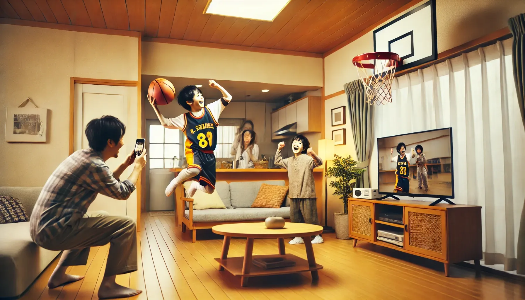 家の中で家族みんなでバスケの格好をした弟を楽しんでいる