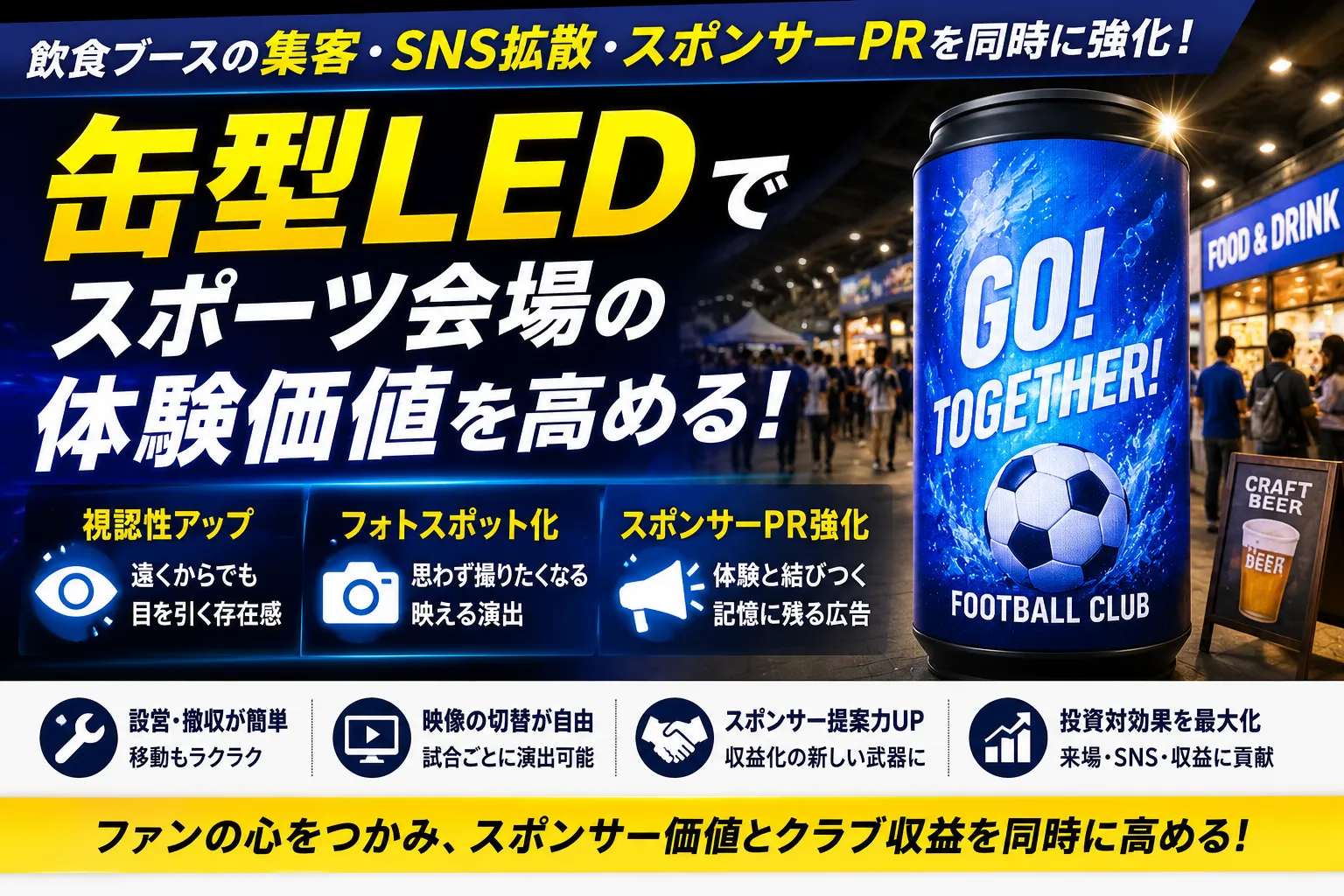 缶型LEDとは？スポーツ会場の体験価値斗スポンサーPRを高めるデジタルサイネージ活用法記事のアイキャッチ画像