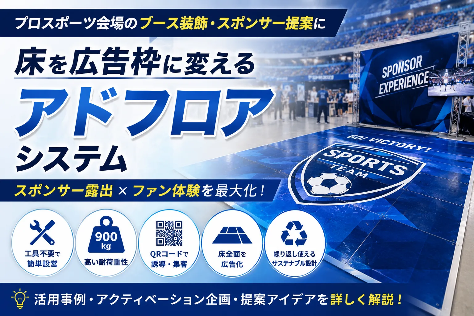 アドフロアシステムで床を広告枠に｜プロスポーツ会場のブース装飾・スポンサー提案を強化する方法記事のアイキャッチ画像