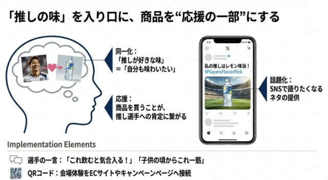 推し活動機を入口に、推し選手の好みの味へ誘導する導線のイメージ