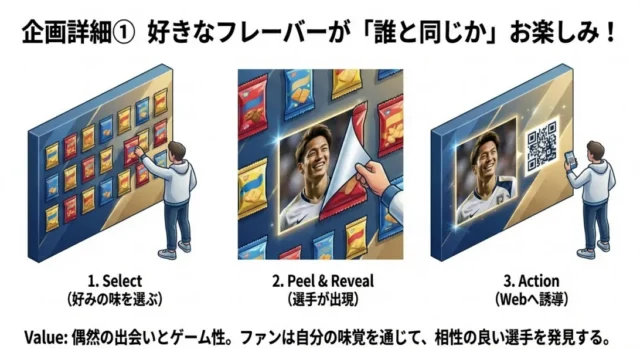 好きなフレーバーを剥がすと、その味が好きな選手ビジュアルが出現するピールオフ演出のイメージ