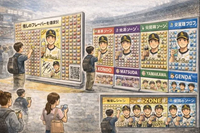 推し選手ごとのゾーンから剥がす参加導線と、完成演出（コラボビジュアル出現）のイメージ