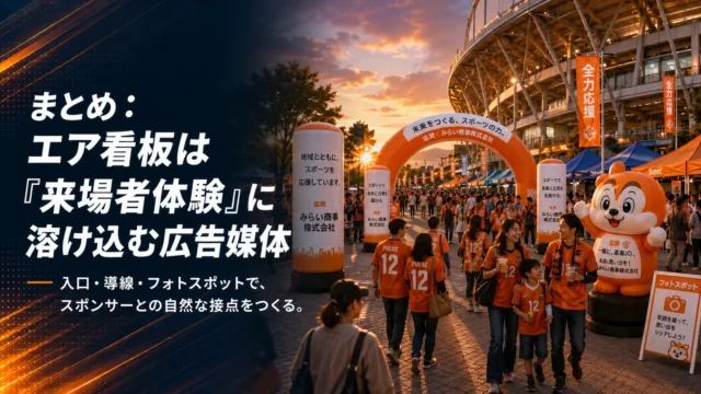 スタジアム来場者の導線上に設置されたエアアーチとマスコット型エア看板によるスポンサー演出イメージ