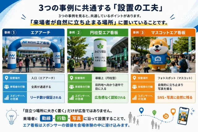 エア看板の設置場所によるスポンサー訴求効果を解説した比較イメージ