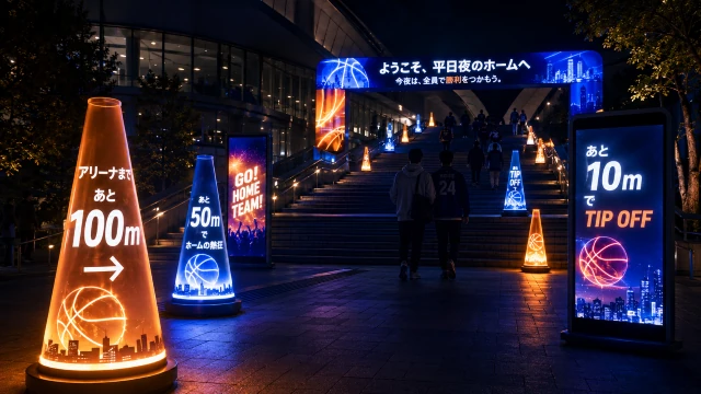 光る導線サイン・LEDサイネージ・ゲートバナーを活用した平日ナイター会場演出イメージ