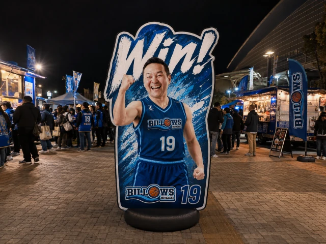 選手デザインの大型エア看板を活用したスポーツ会場フォトスポット事例