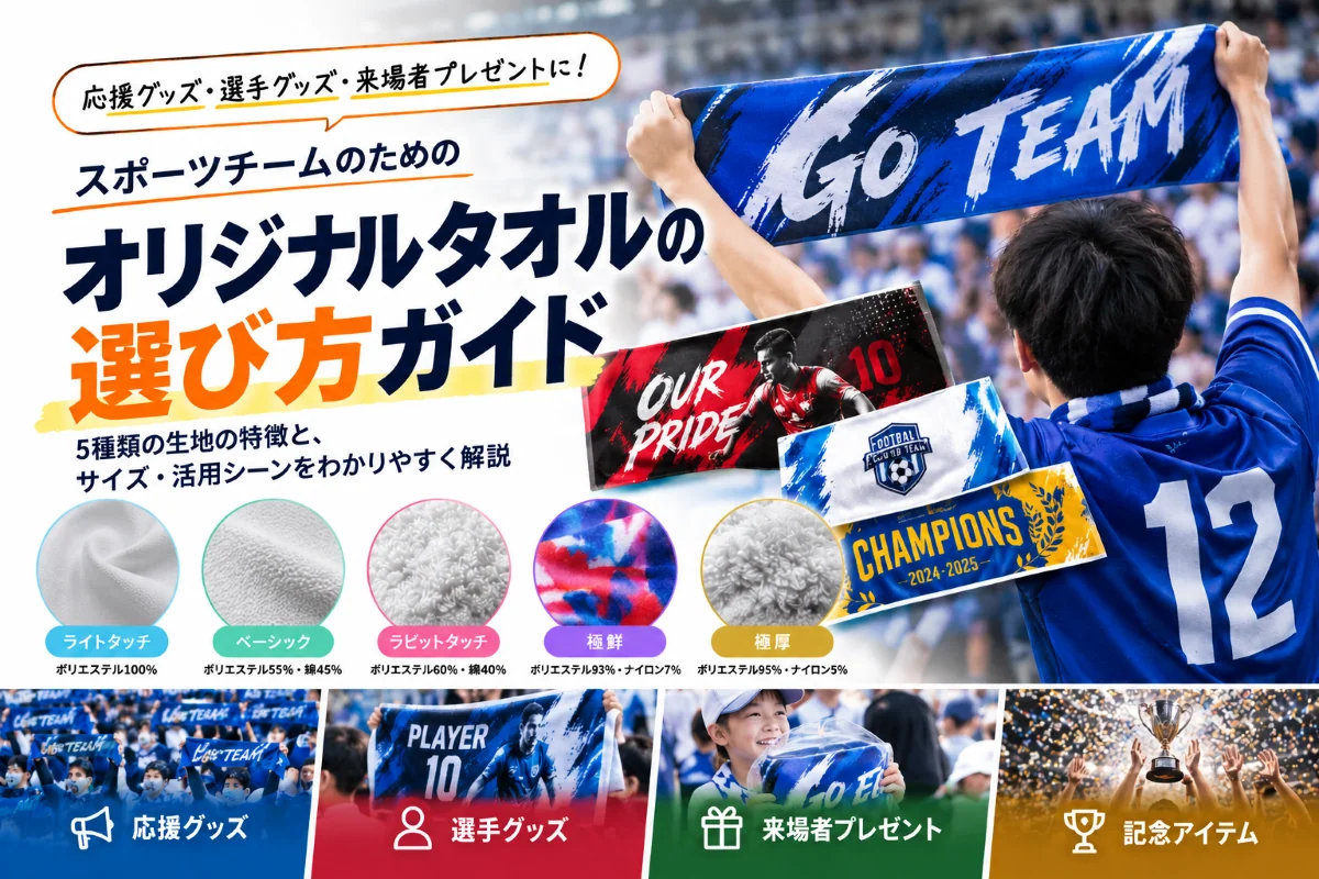 スポーツチーム向けオリジナルタオルの選び方ガイド。応援グッズ・選手グッズ・来場者プレゼント・記念アイテムなどの活用シーンを紹介。