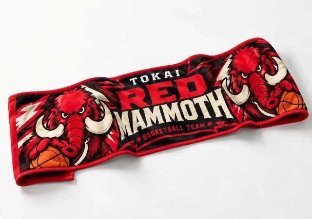 赤と黒を基調にマンモスのキャラクターとバスケットボールをデザインした、応援グッズ向けオリジナルマフラータオル。