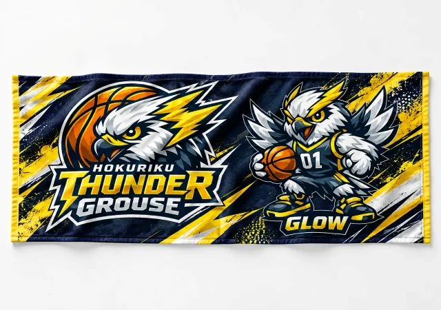 ネイビーと黄色を基調に鷲のキャラクターとバスケットボールをデザインした、スポーツチームの応援・物販グッズ向けオリジナルスポーツタオル。