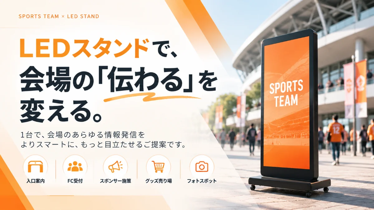 スポーツ会場向けLEDスタンドの設置イメージ。入口案内、ファンクラブ受付、スポンサー施策、グッズ売り場、フォトスポットなど、会場内の情報発信に活用できるデジタルサイネージ。