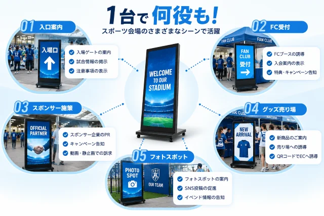 スポーツ会場向けLEDスタンドの5つの活用方法。入口案内、ファンクラブ受付、スポンサー施策、グッズ売り場、フォトスポットでの活用例を紹介。